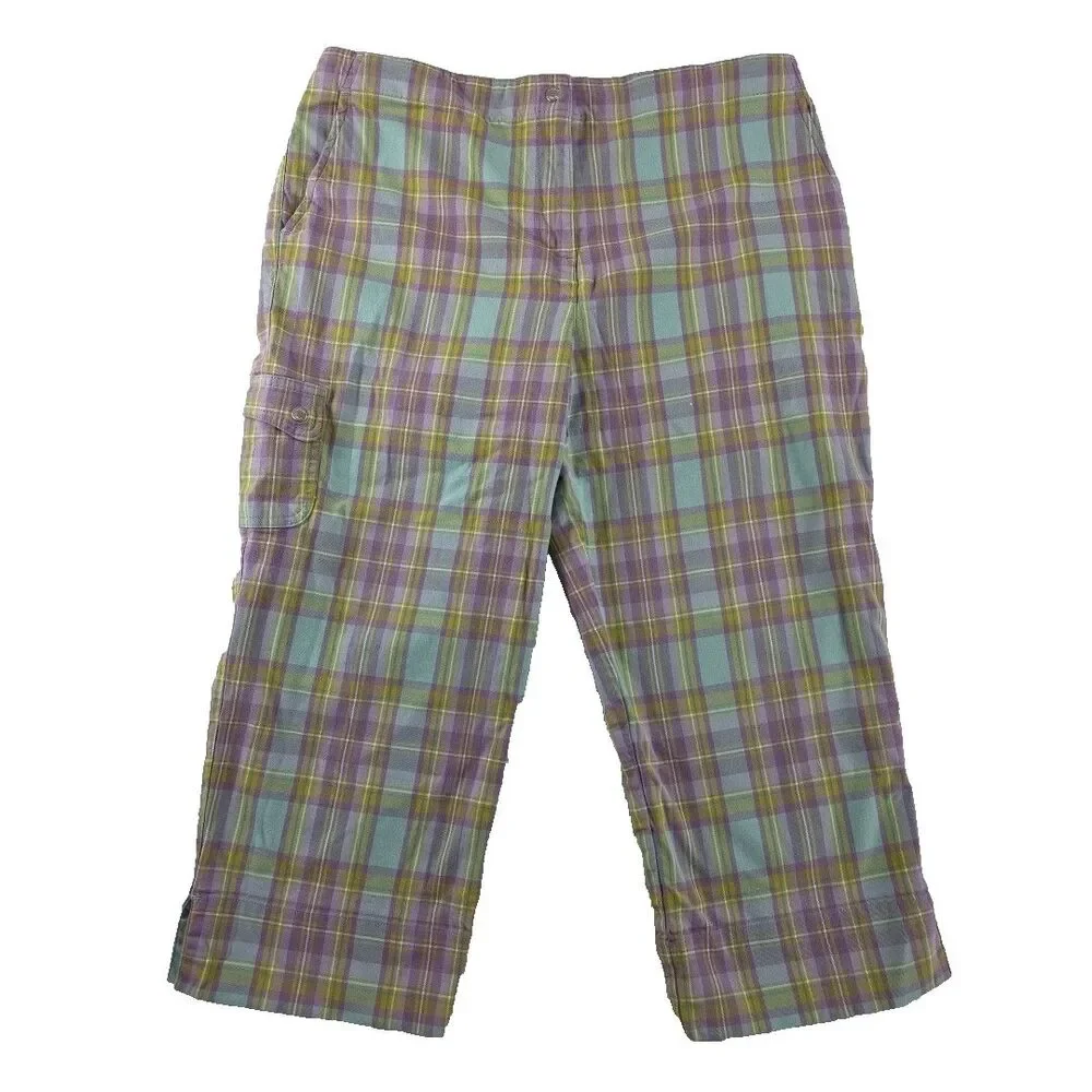 Liz Golf Audra Capris Pants Women's Size 14 Lavender Plaid Snap Pocket Stretch - Picture 2 of 8